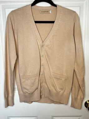 Neutral Beige V Neck Cardigan Sweater Classic Layering Medium